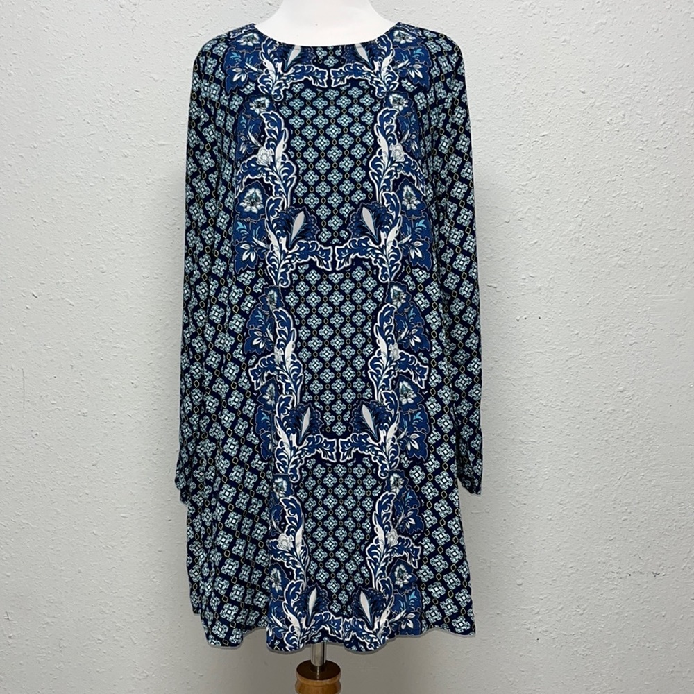 Clover + Scout Lightweight Long Sleeve Blue Patterned Mini Dress Size Medium
